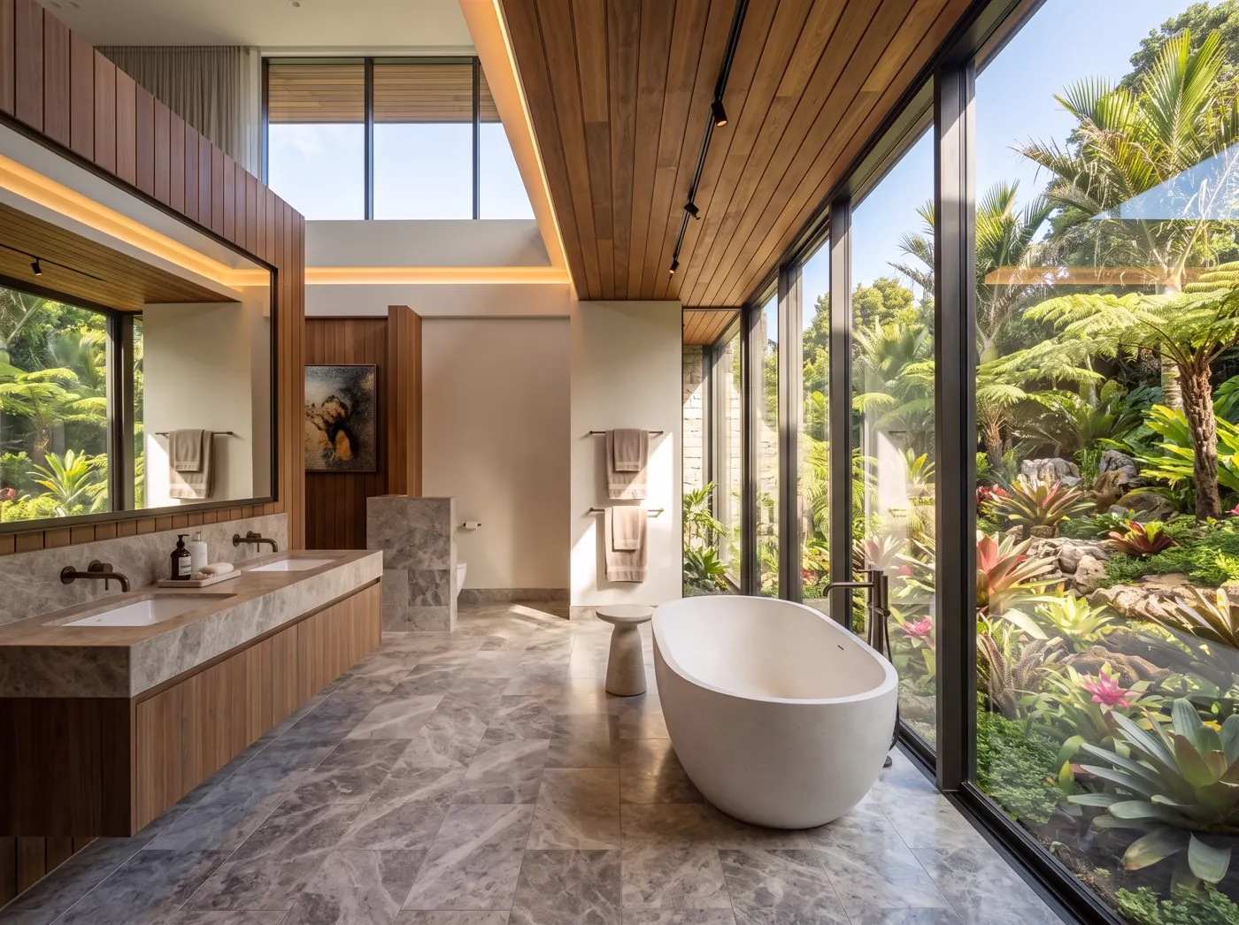 Baño Jardín: baño principal con tina exenta y ventanal completo hacia un jardín tropical