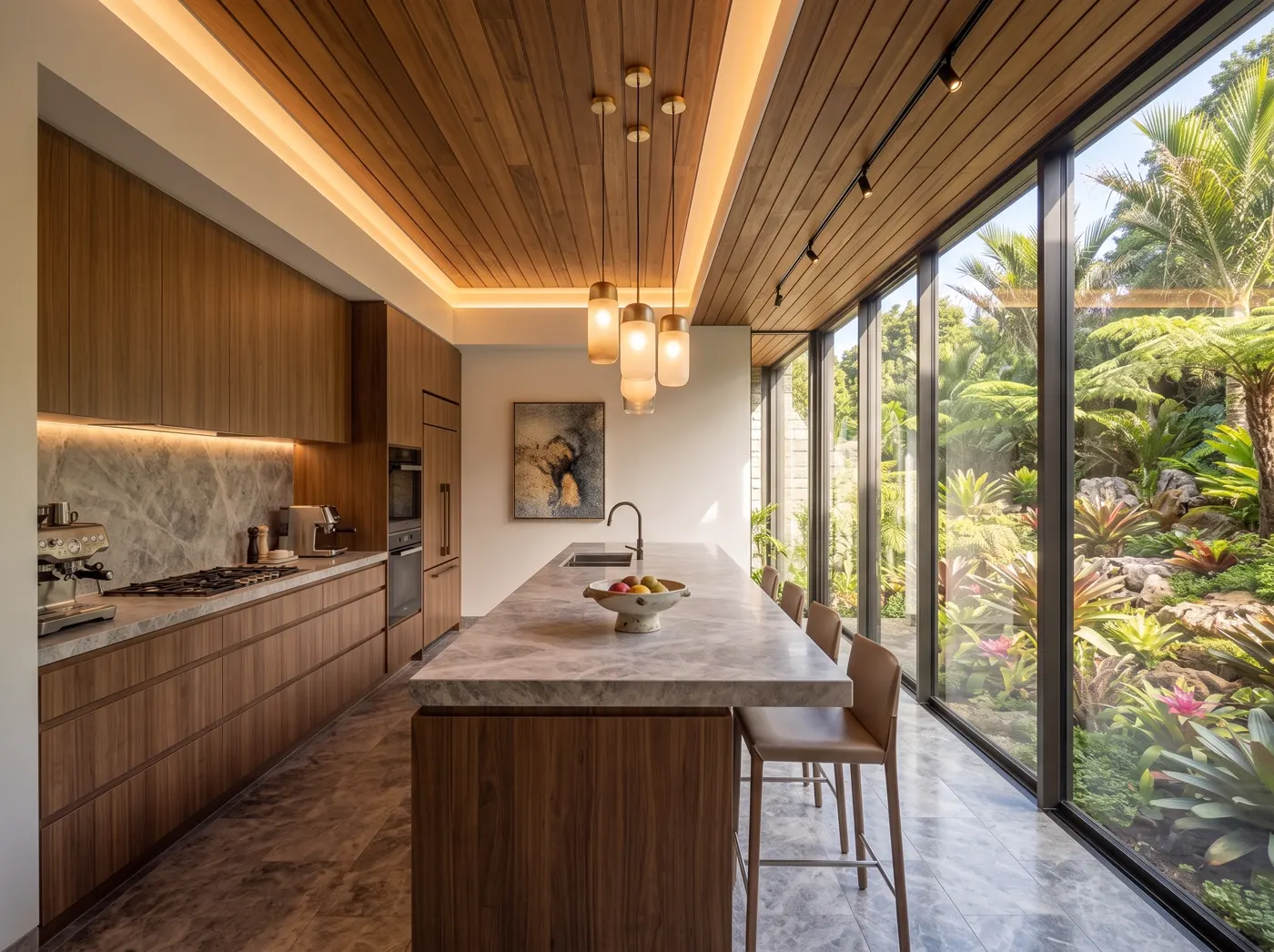 Cocina Isla: cocina con isla de mármol, carpintería en madera y ventanal al jardín