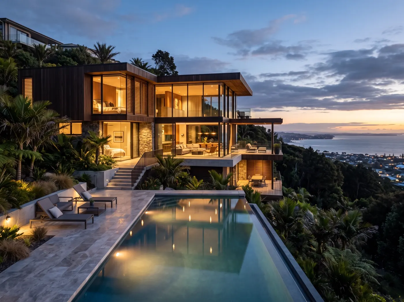 Casa Mirador: fachada de vivienda de dos niveles con piscina y vista abierta al mar, Lechería