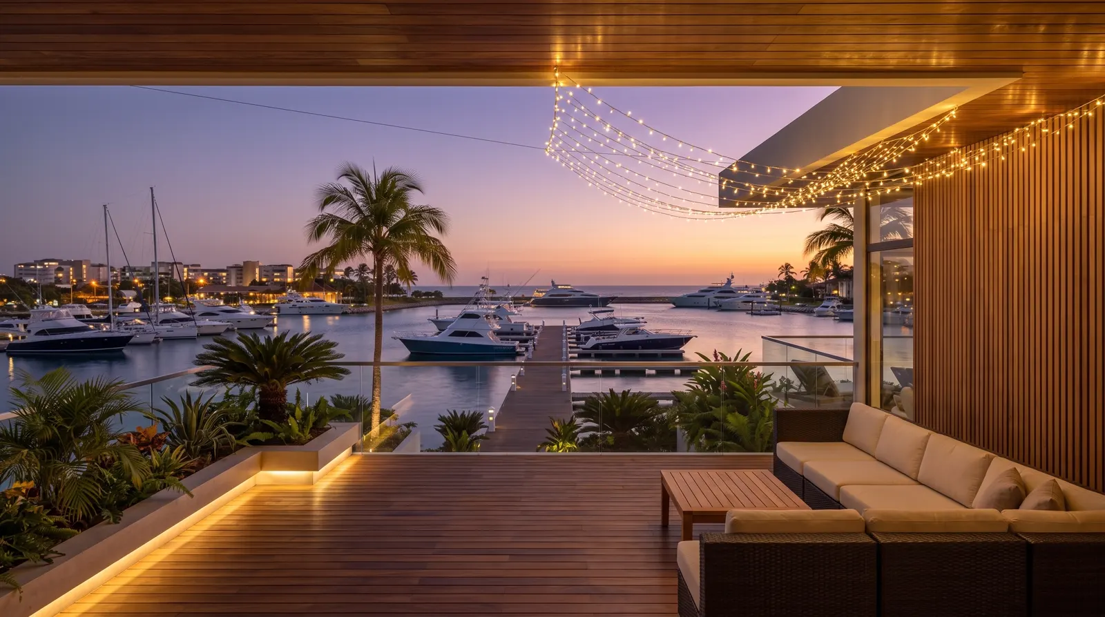 Terraza Marina: terraza de madera al atardecer con vista a la marina de Lechería